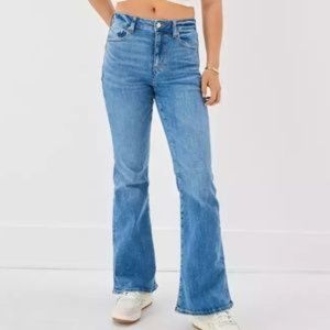 American Eagle Super Hi-Rise Flare Jeans Blue Stretch Denim Women's Size 14